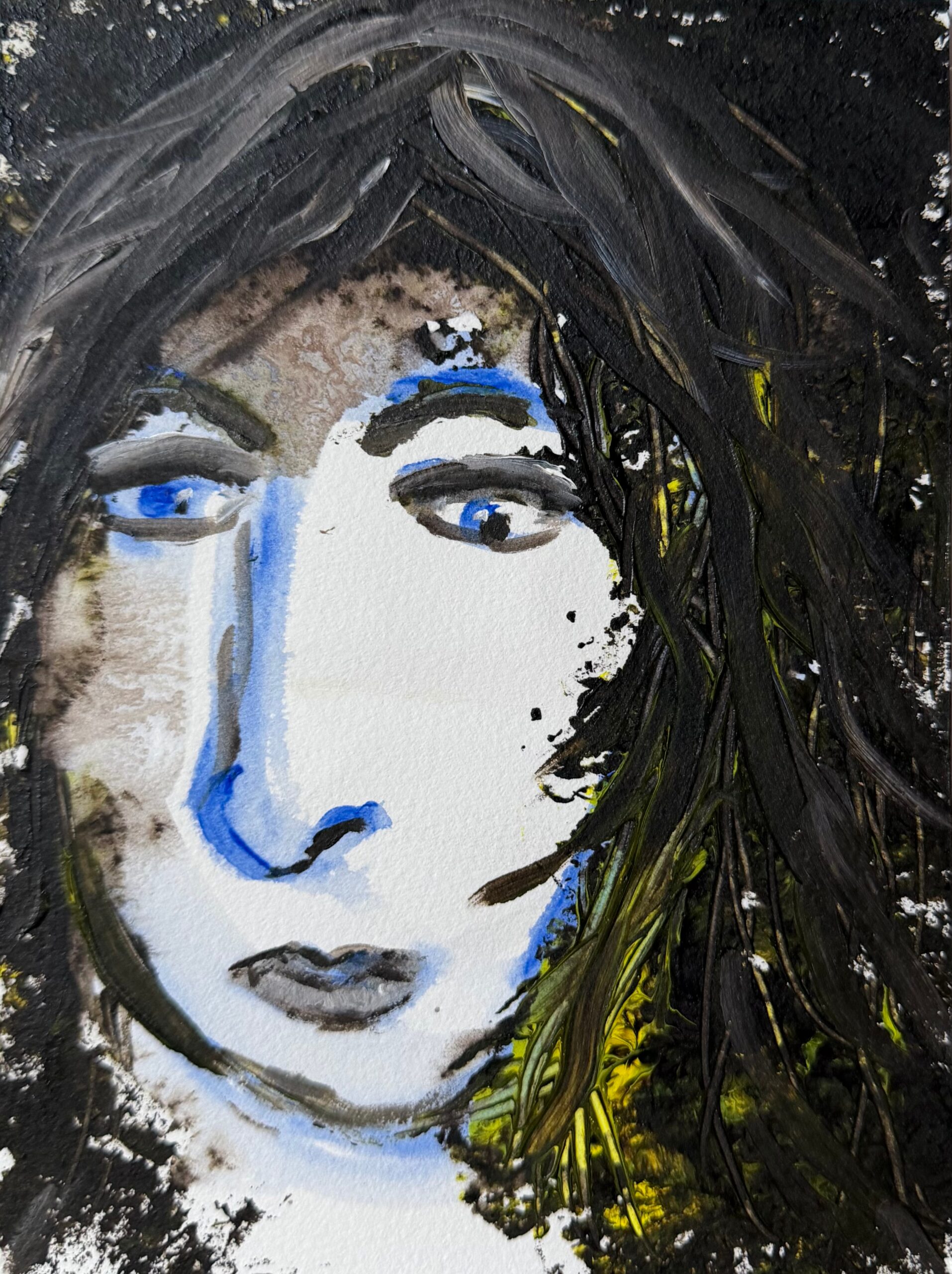A. Lang: A City Felt Through Color | ArtTour International An expressive face with bright blue eyes and blue accents, framed by dark painted hair against areas of pale paper.
