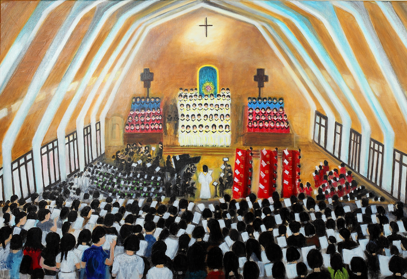 Shu-ya Hsu: Painting the Joy of Belonging | ArtTour International Choirs, musicians, and a congregation gather beneath golden church arches.