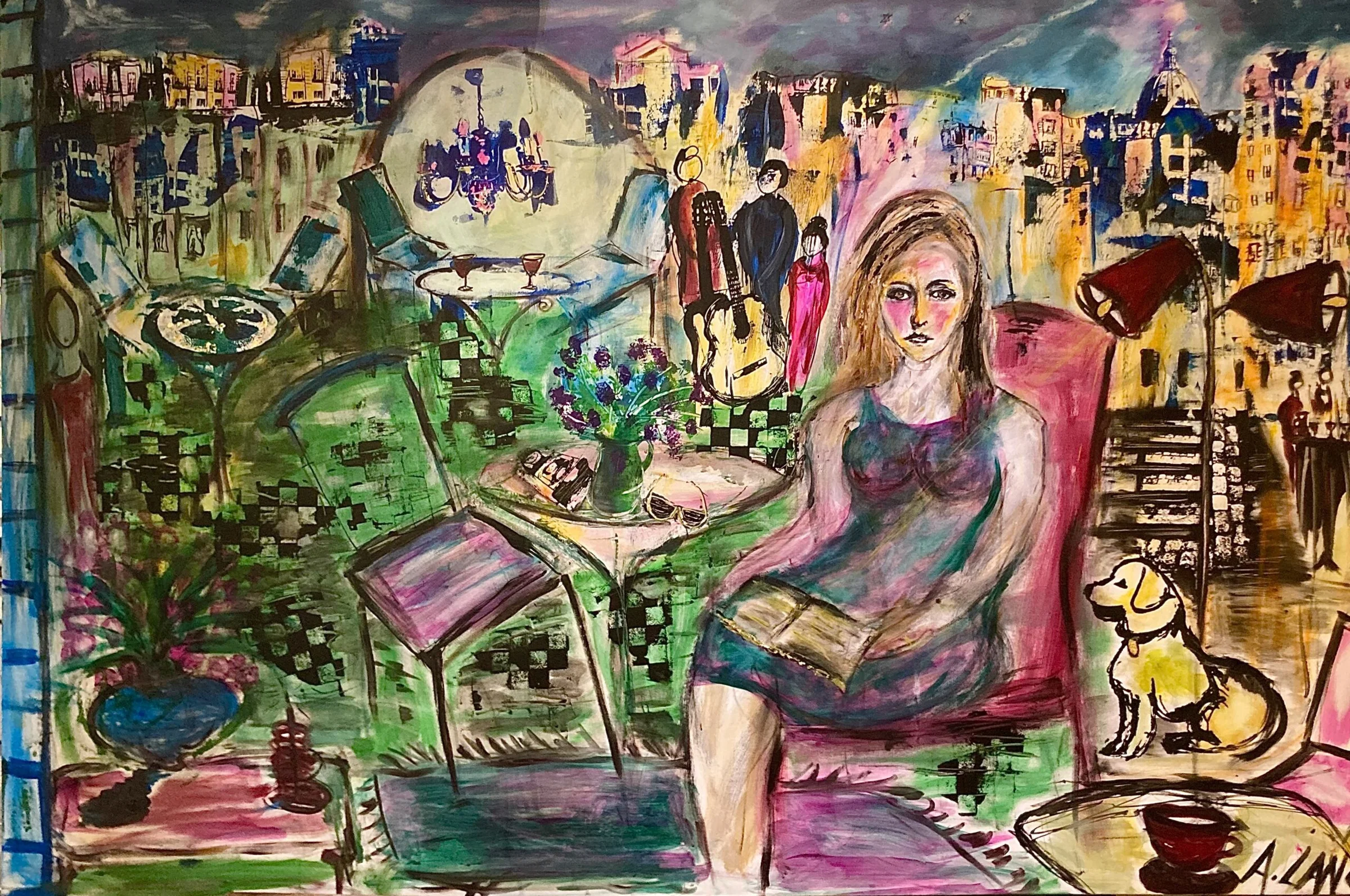 Field: featured image A seated woman with an open book surrounded by colorful city buildings, café tables, flowers, figures, a guitar and a dog.