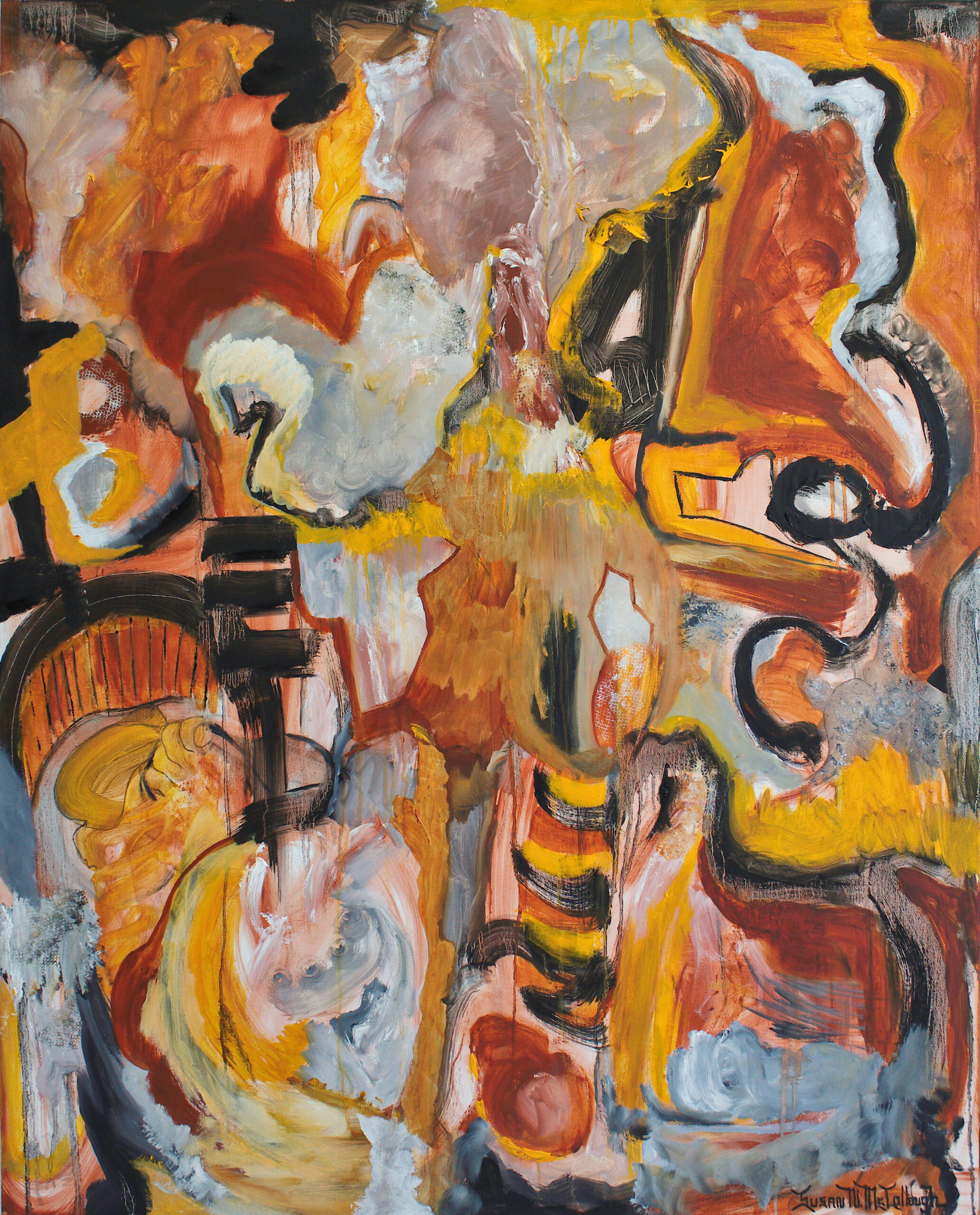 Susan N. McCollough: The Excitement of an Open Canvas | ArtTour International Black curves move through an abstract field of orange, yellow, pale blue, and rust.