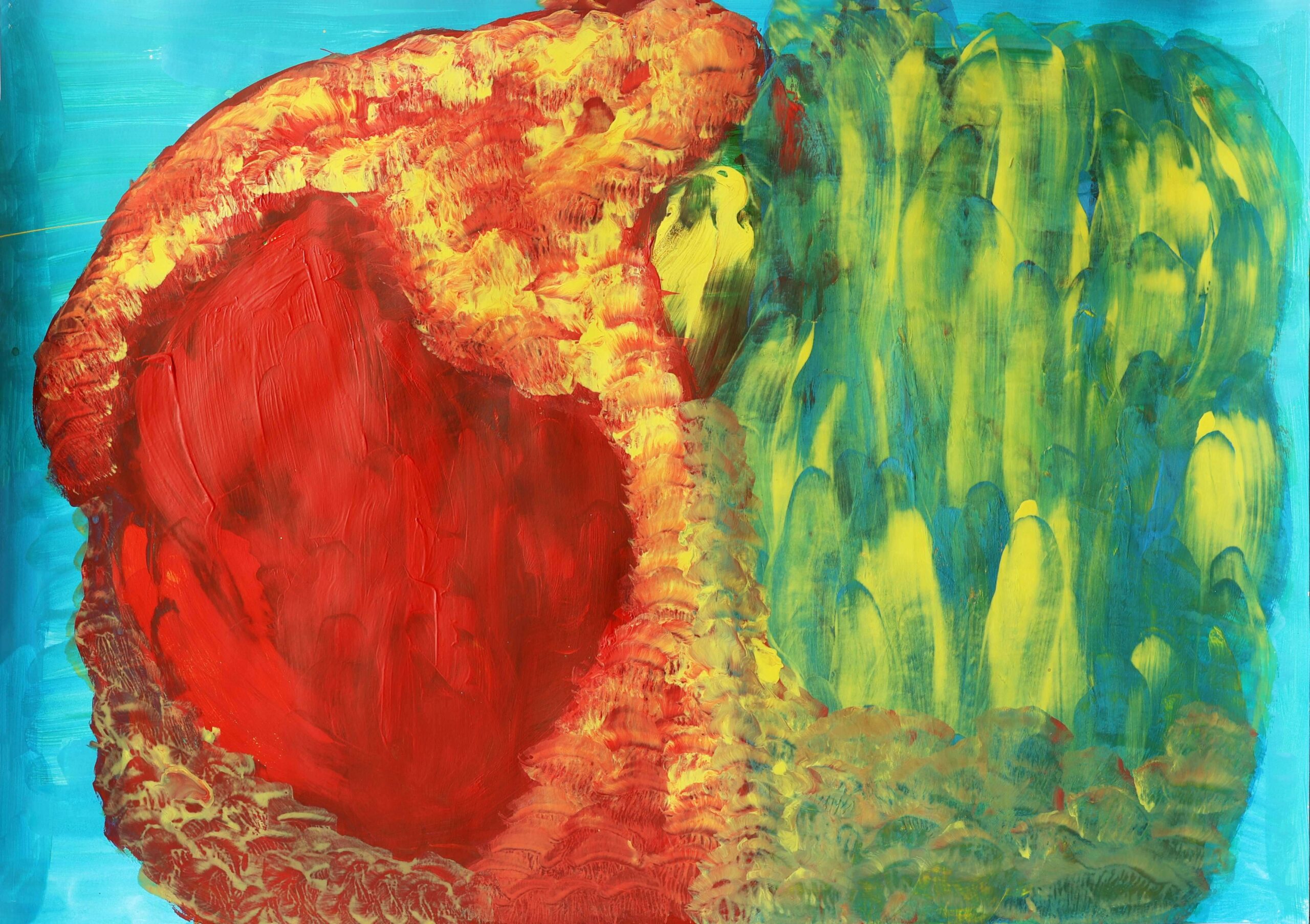 Angelė Šimoliūnienė: A Dialogue with the Unseen | ArtTour International A vivid red and yellow rounded form meets flowing green marks against turquoise blue.