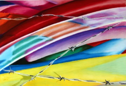 John Nieman: Color at the Edge of Contradiction | ArtTour International Vivid red, purple, blue, and yellow balloon forms crossed by strands of barbed wire.