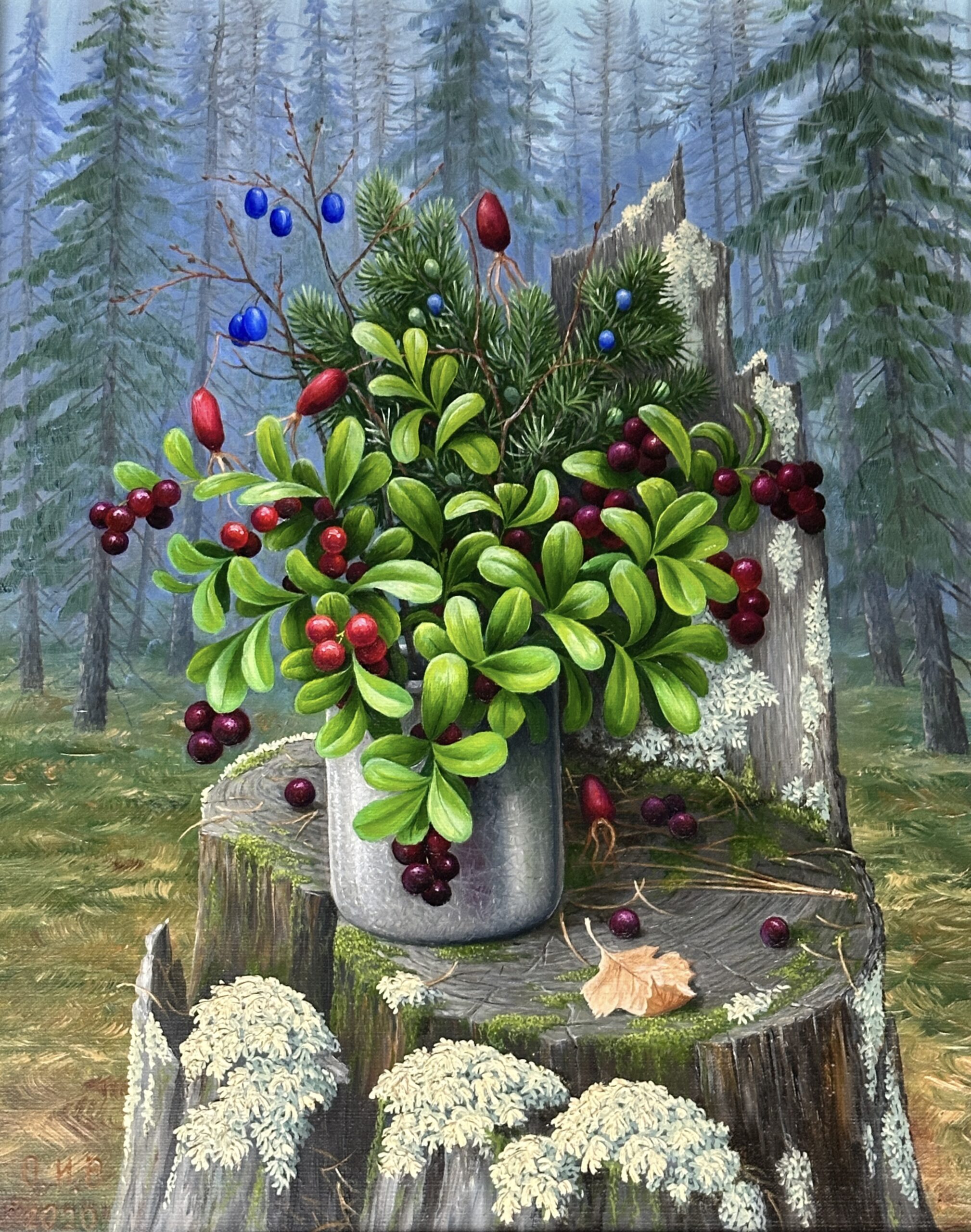 Igor Osipov: The North Held in Light and Silence | ArtTour International Red and blue berries and green branches fill a metal vessel on a woodland stump.