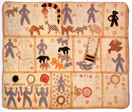 Harriet Powers’ 1886 Bible Quilt with figurative panels arranged in a grid
