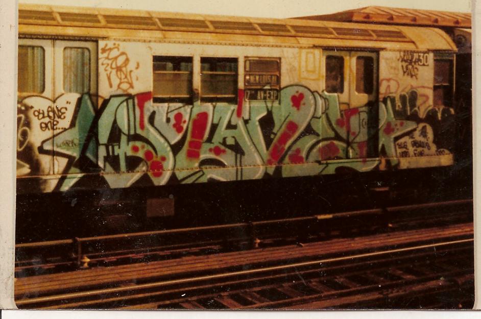 Graffiti-covered New York City subway car in 1979