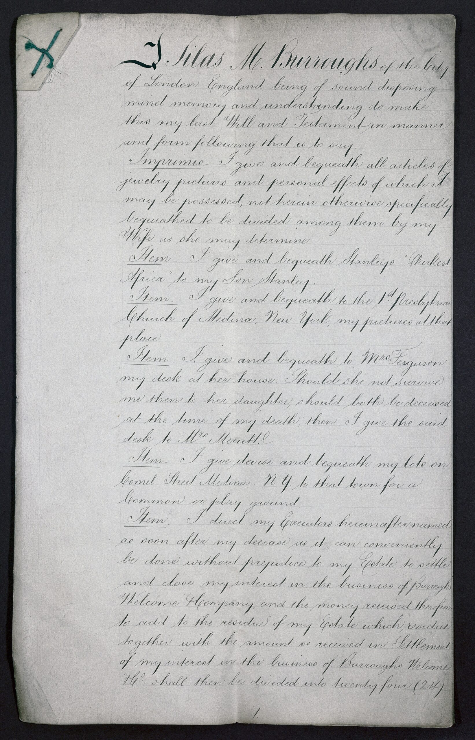 Field: featured image Handwritten last will and testament dated February 1893