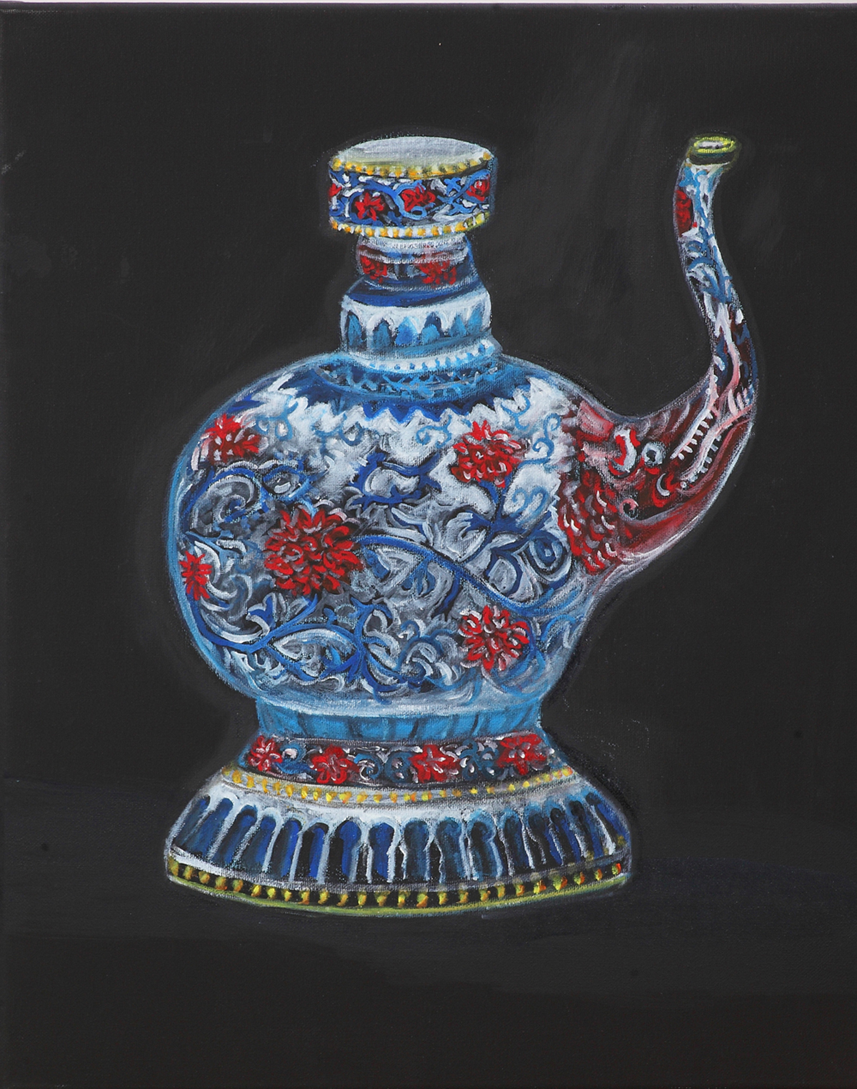Shu-ya Hsu: Painting the Joy of Belonging | ArtTour International An ornate blue, white, and red porcelain vessel against a dark background.