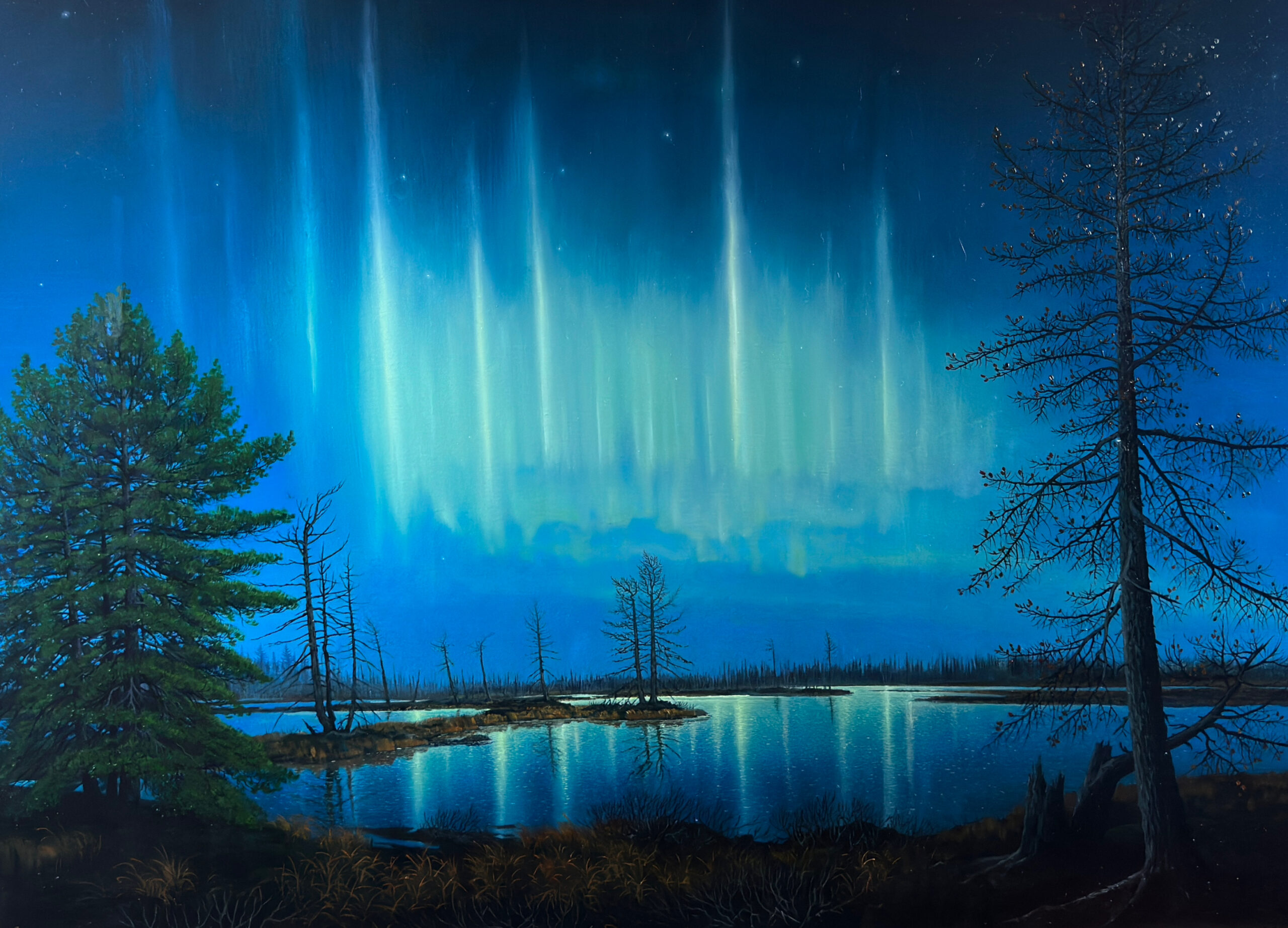 Igor Osipov: The North Held in Light and Silence | ArtTour International Green northern lights illuminate blue water and sparse trees beneath a luminous night sky.