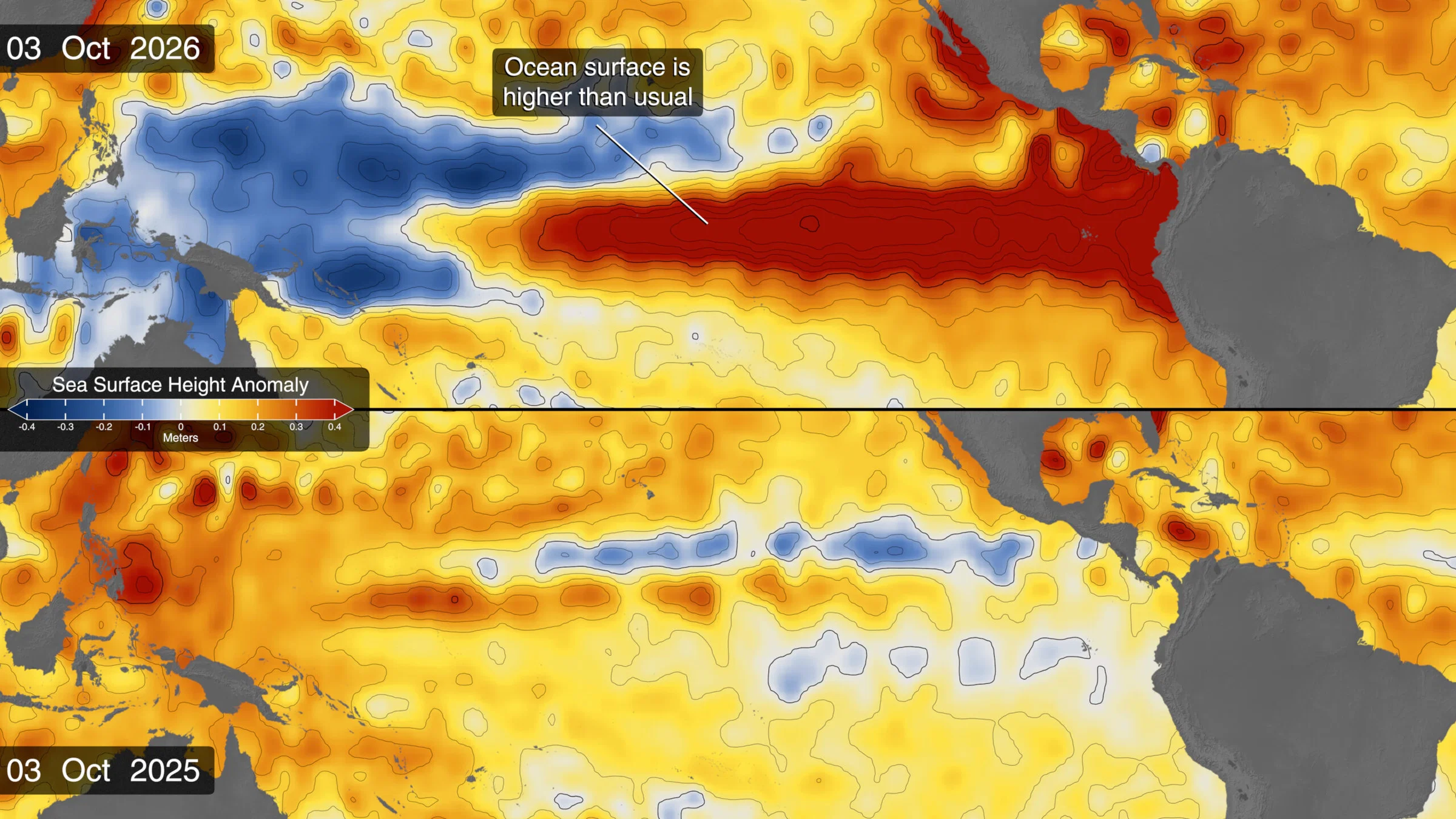 Field: featured image Two global maps compare Pacific sea-surface height anomalies in 2025 and 2026