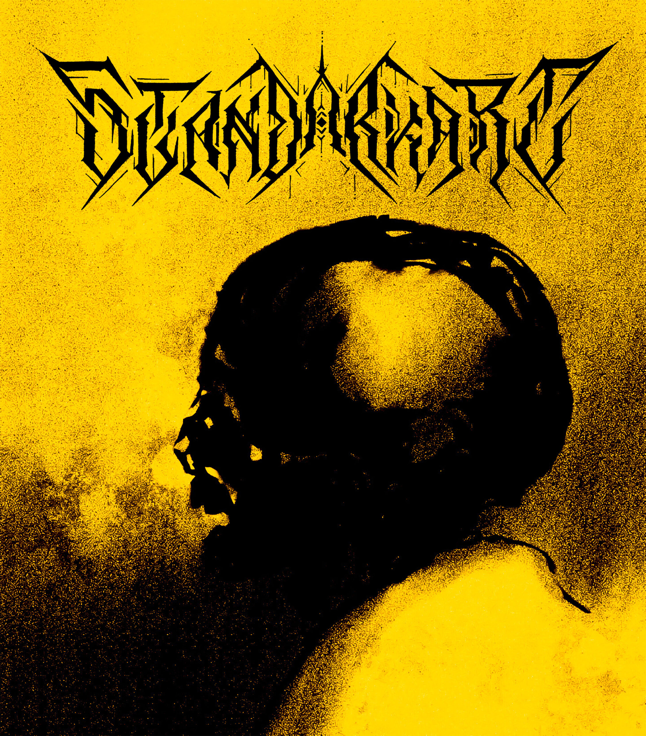 A densely textured black portrait of a figure wearing headphones on a vivid yellow background, with angular Stan Dark Art lettering above.