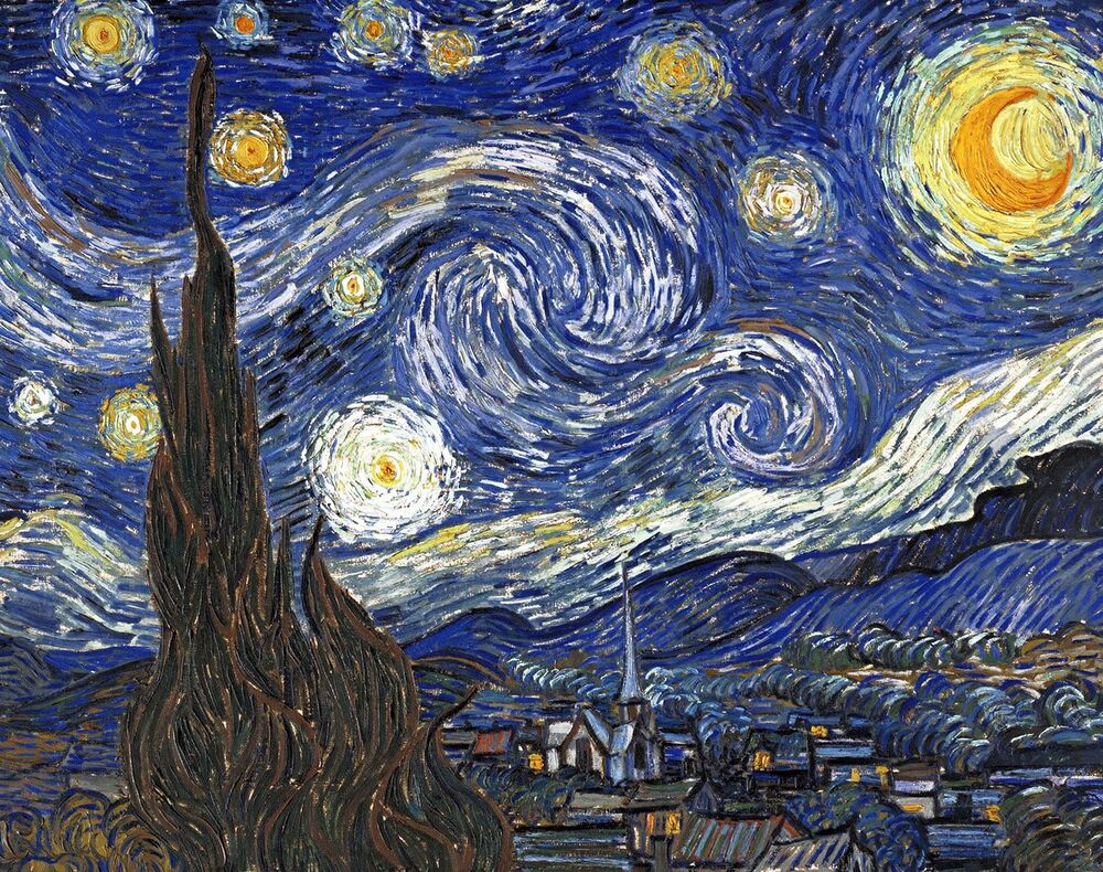 Field: featured image Vincent van Gogh's The Starry Night with swirling blue sky, stars and crescent moon