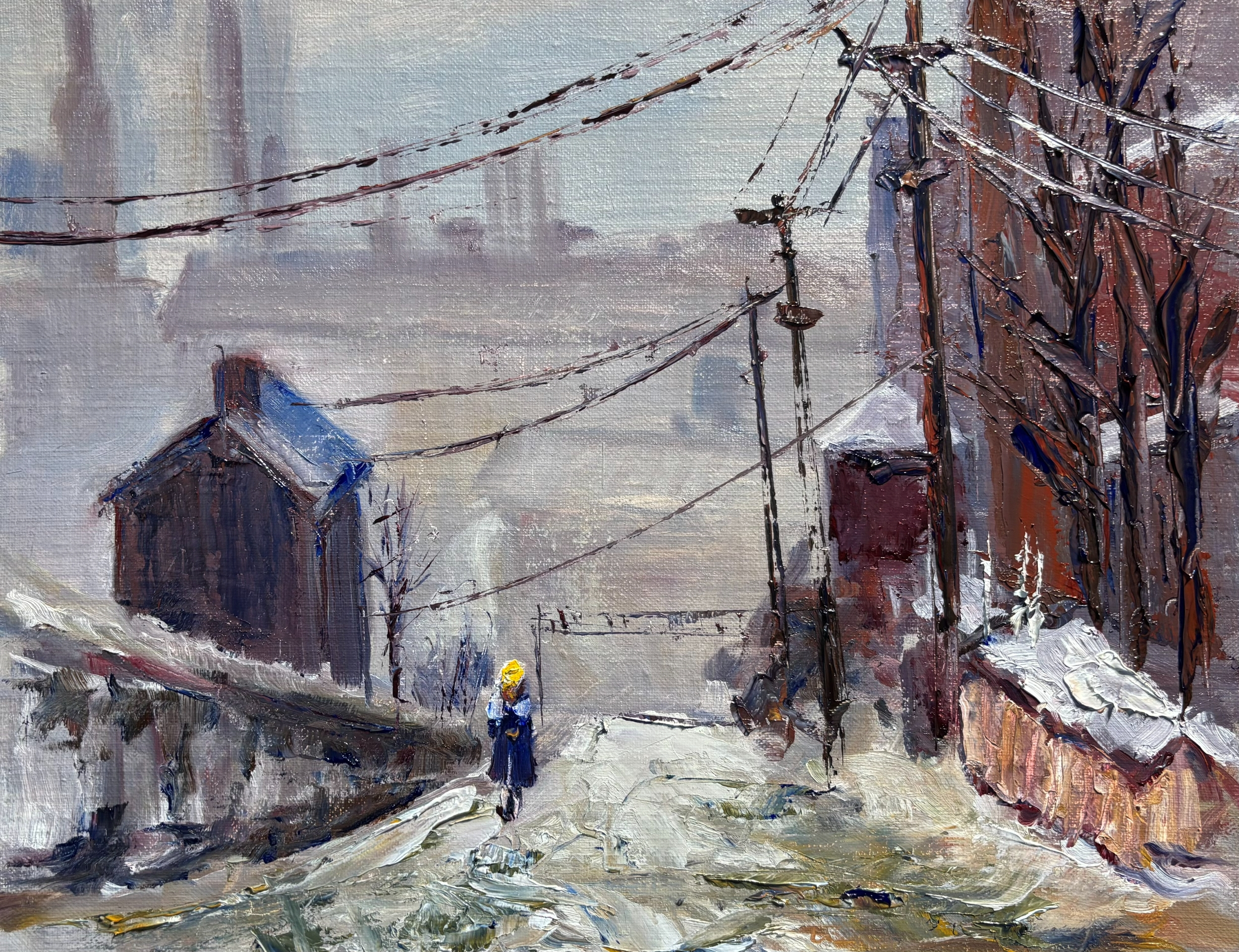 Frank Hoeffler: The Living Atmosphere of Everyday Places | ArtTour International A small figure wearing a blue coat and yellow hat in a pale wintry street framed by buildings and overhead wires.