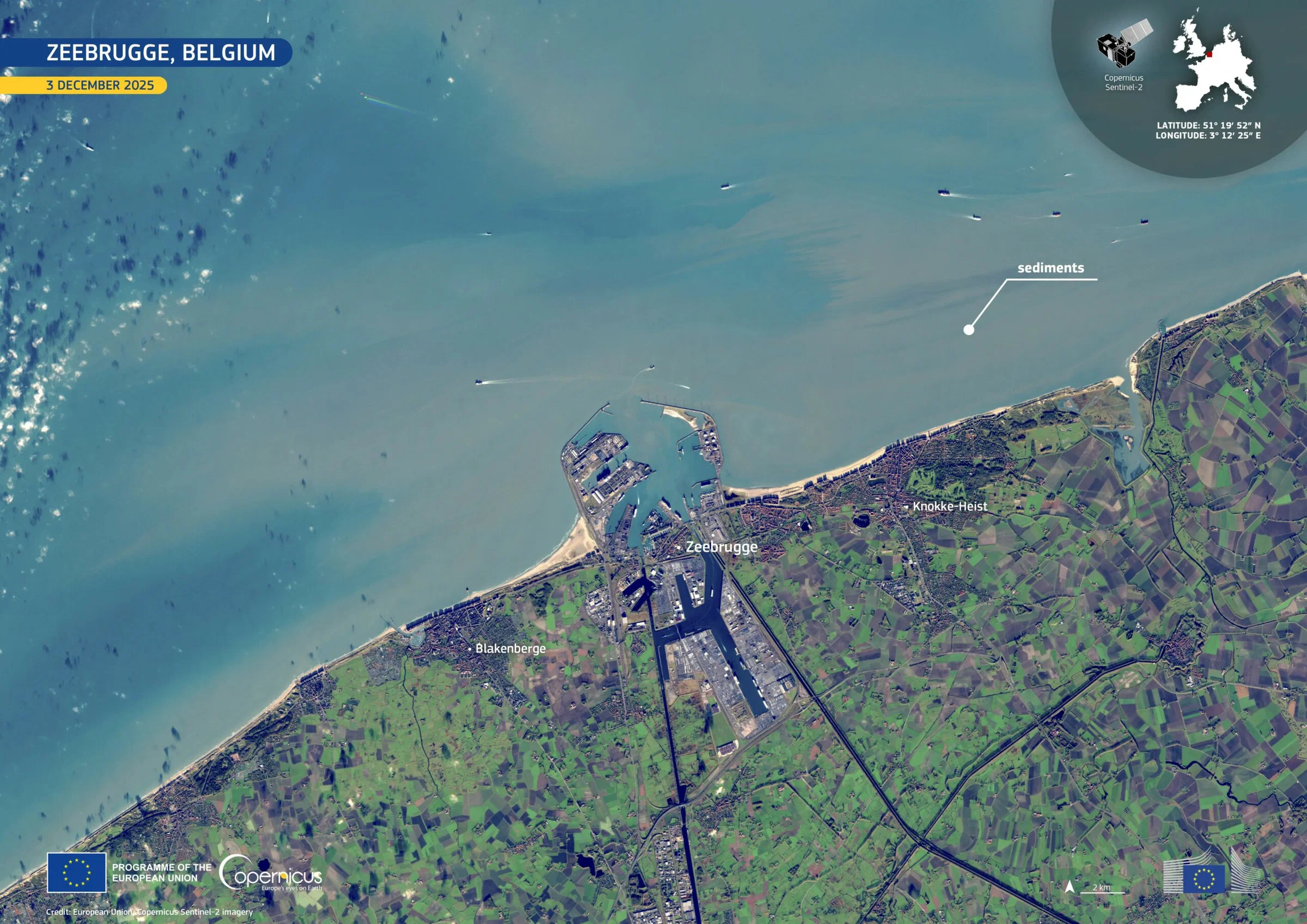 Field: featured image Satellite view of pale sediment currents along the Belgian North Sea coast near Zeebrugge